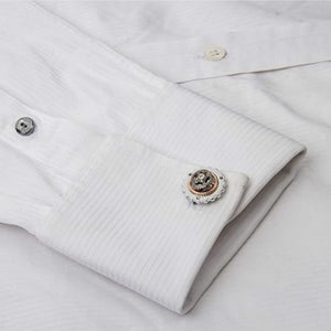 Silver T.M.J rotatable bicycle gear cufflinks featuring mechanical watch movement design for men, with intricate watch gear details.