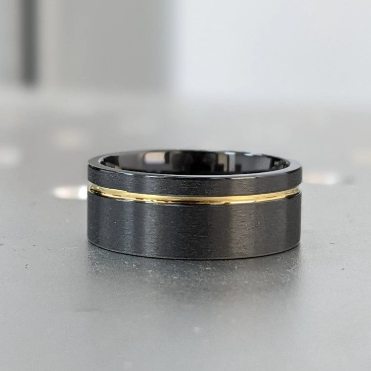 Black zirconium satin finish ring with yellow gold polish stripe, 8mm zirconium ring by T.M.J.