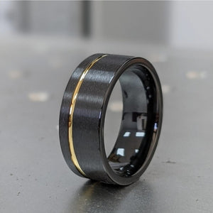 Black zirconium ring with satin finish and yellow gold polish stripe, 8mm zirconium ring by T.M.J.