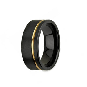 Black zirconium satin finish ring with yellow gold polish stripe, 8mm, stylish zirconium ring from T.M.J.
