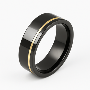 Black and gold zirconium ring by T.M.J, featuring sleek design and polished finish in a close-up shot.