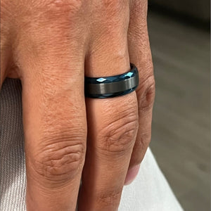 Black zirconium ring with blue beveled edge, 8mm width, by T.M.J, featuring a sleek and modern design for men's jewelry.