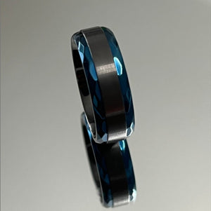 Black zirconium ring with a blue beveled edge, 8mm width, from T.M.J Zirconium Rings collection.