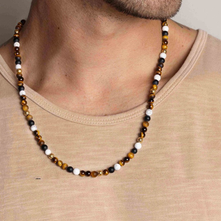 Beaded Necklace with Brown Tiger Eye, Howlite, and Onyx in 4or 6mm