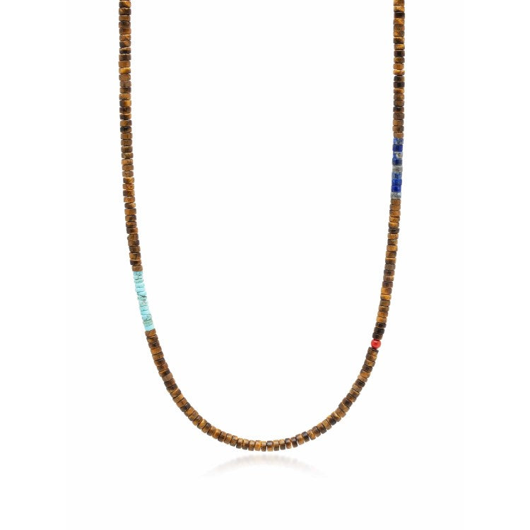 The Caribbean Collection -Brown Tiger Eye Heishi Necklace with Blue Lapis and Turquoise