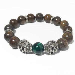 10mm bronzite and green tiger eye bracelet with silver skulls, handcrafted.
