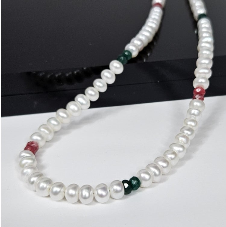 White Button Freshwater Pearl Necklace with Faceted Ruby & Emerald-Coloured Stones