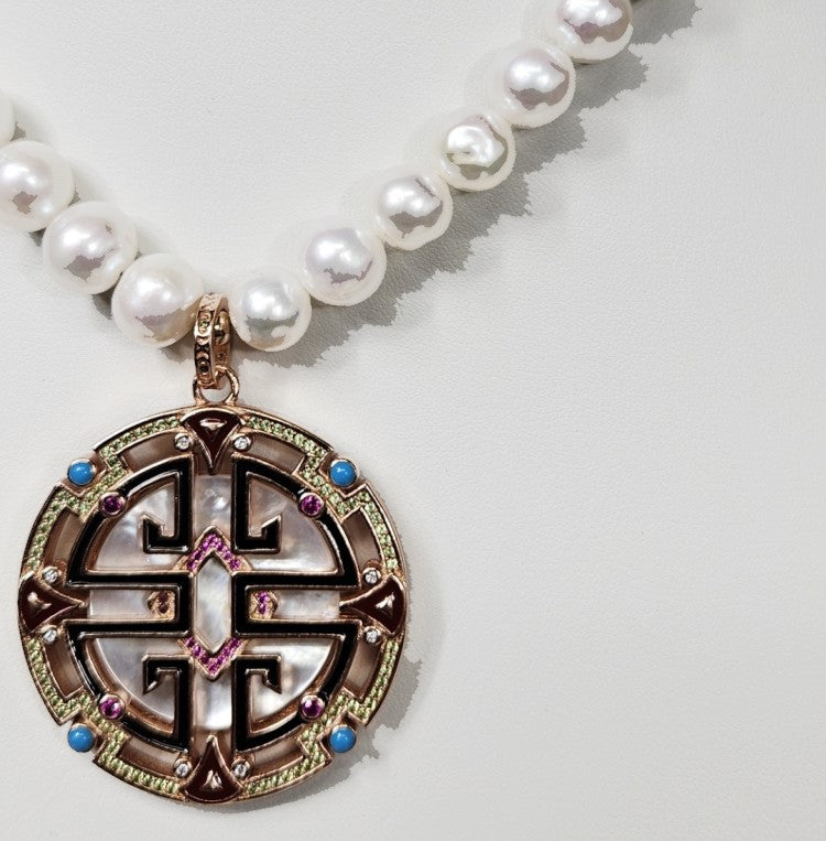 Chinese Longevity Baroque Freshwater Pearl Necklace with Pendant