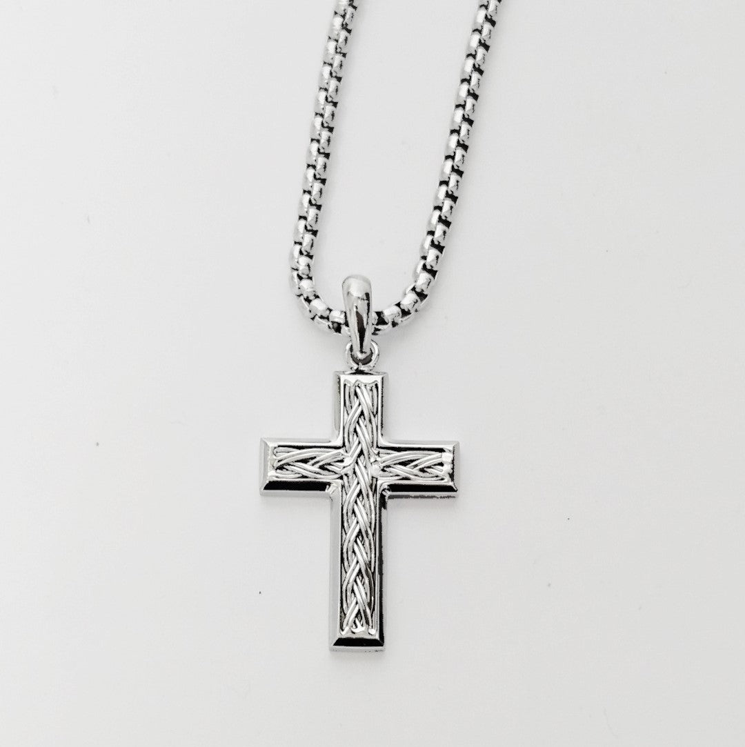 Stainless Steel Cross Pendant with Twisted Cable Inlay
