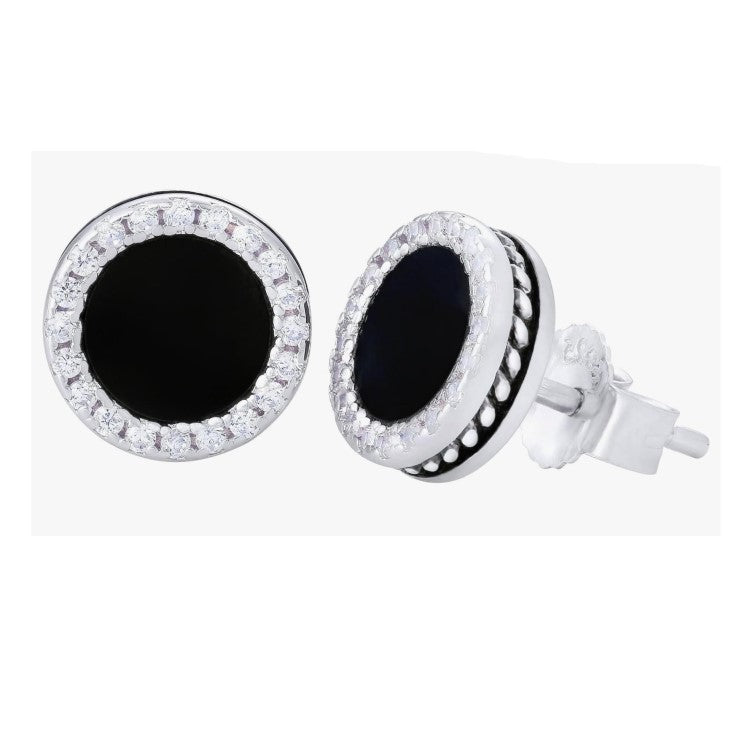 Men’s 8mm Black Onyx Stud Earrings in White Gold-Plated 925 Sterling Silver
