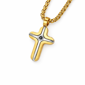 Gold and stainless steel small cross pendant by TMJ with black stone inlay, featuring a detailed religious cross design.