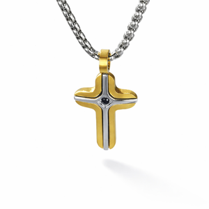 Small gold and stainless steel cross pendant with black stone inlay, featuring a sleek design and detailed craftsmanship.