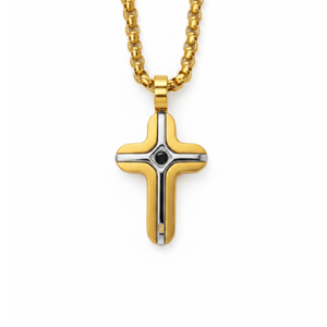 Gold and stainless steel small cross pendant with black stone inlay, featuring a detailed design and polished finish.