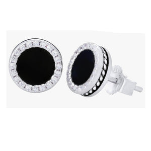 Men’s 8mm black onyx stud earrings in white gold-plated 925 sterling silver, featuring sleek, polished gemstone studs.