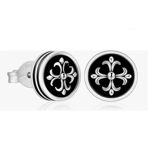 Men’s black onyx stud earrings with cross and fleur-de-lis center by TMJ, showcasing polished black stones and detailed metal design.