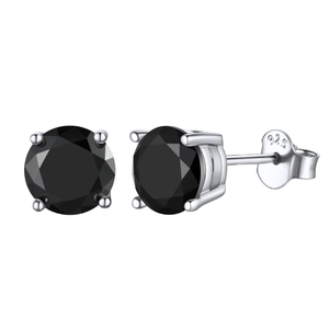 925 Sterling Silver Black CZ Stud Earrings by TMJ, round cut, 3mm to 8mm size, showcasing sleek black cubic zirconia stones.