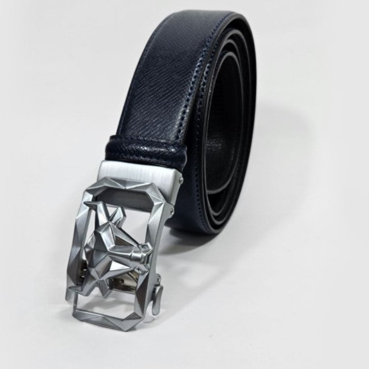 Men’s blue patterned leather belt by TMJ with silver bull’s head buckle, showcasing detailed leather design and bold hardware.