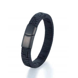 Black genuine leather bracelet with braided design and stainless steel clasp, by TMJ, showcasing a stylish leather bracelet.