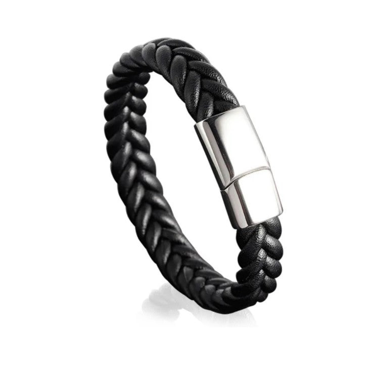 Men’s black braided genuine leather bracelet with stainless steel clasp, stylish TMJ leather bracelet for men.