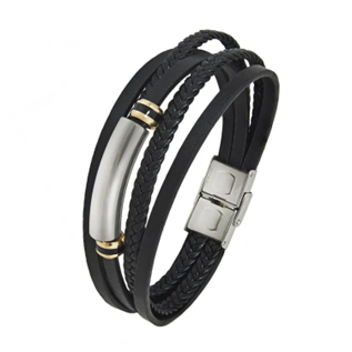 Stainless steel and black braided leather bracelet by TMJ, stylish men's or women's accessory with metal and leather details.