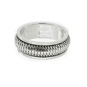 Stainless steel men's silver braided ring with a center design, showcasing a polished finish and intricate woven pattern.