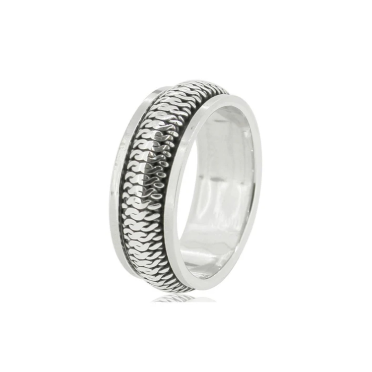 Stainless steel men's silver braided ring with a central design, crafted by TMJ, showcasing detailed metalwork.