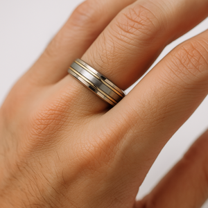 Elegant stainless steel and gold-plated satin finish ring from TMJ, showcasing a sleek, polished design.