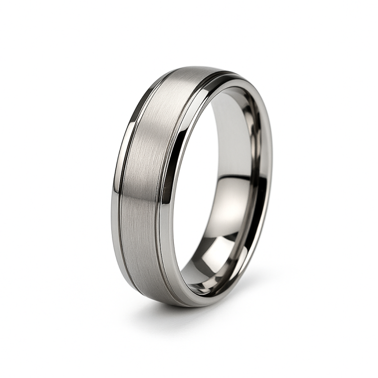 Sleek satin finish stainless steel ring from TMJ, showcasing a smooth, polished band with a modern design.