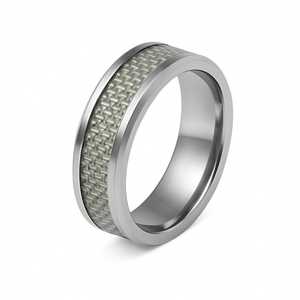 Sleek silver braided stainless steel ring with black carbon fiber inlay, stylish TMJ stainless steel ring for men or women