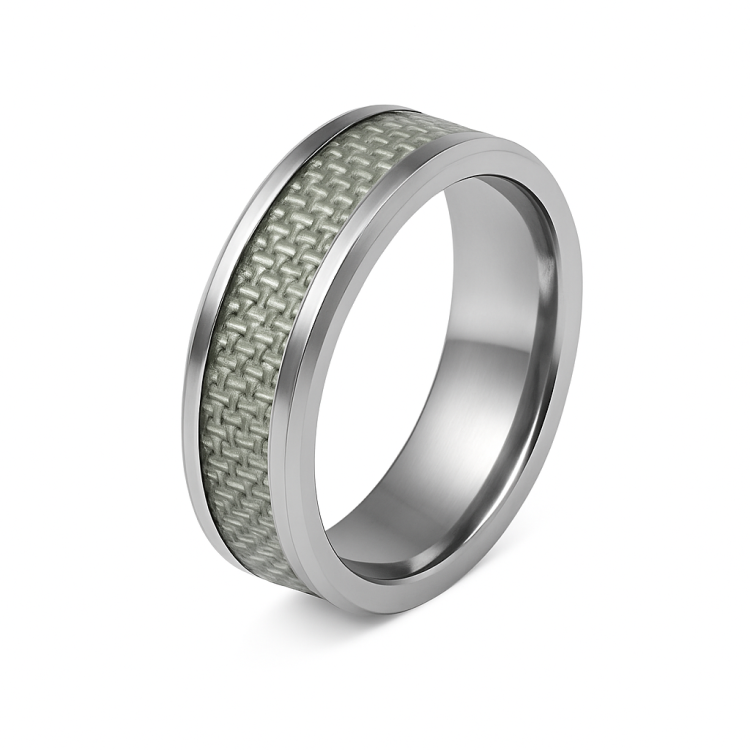Sleek silver braided stainless steel ring with black carbon fiber inlay, stylish TMJ stainless steel ring for men or women