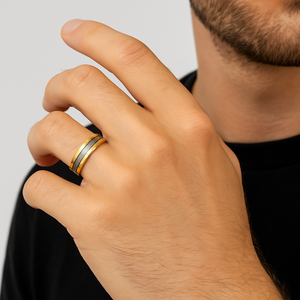 TMJ zirconium wedding band featuring Gibeon meteorite and 18k gold dual bands, with intricate metallic textures and polished finish.
