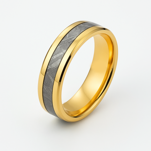 TMJ zirconium rings featuring a Gibeon meteorite inlay and 18k gold dual bands, showcasing a unique wedding band design.