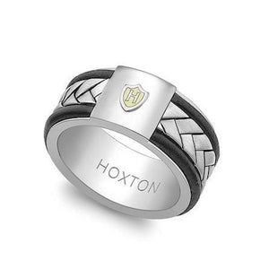 Hoxton silver ring for men with braided design and black accents featuring Hoxton logo
