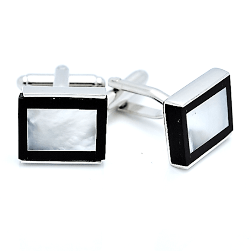 T.M.J black onyx mother of pearl cufflinks with rectangular silver frame and polished finish