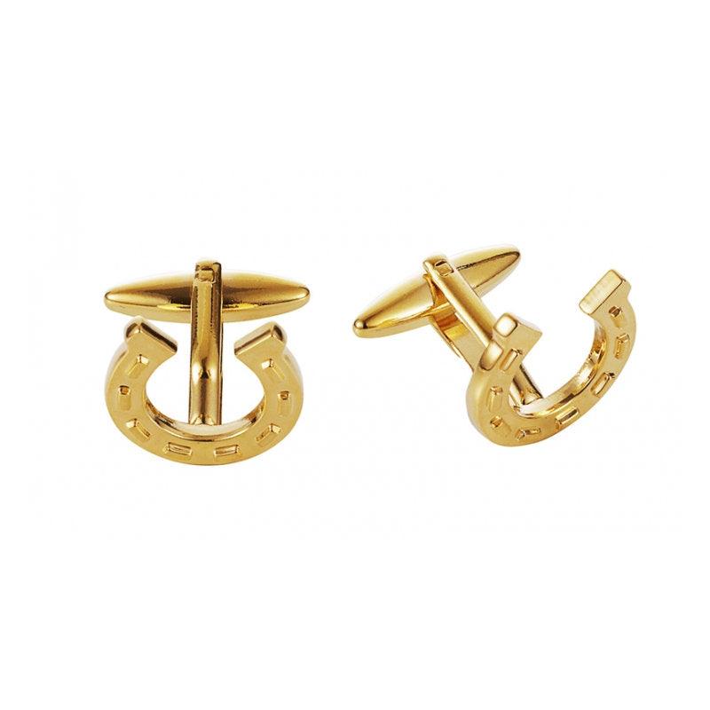 Gold plated Cudworth enamel horse shoe cufflinks with detailed design, showcasing elegant craftsmanship and classic style.