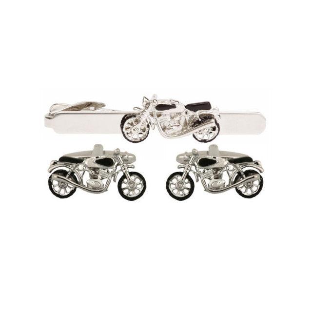 Silver Dalaco Motorbike cufflinks and tie bar set, stylish men's accessories with detailed motorcycle design.
