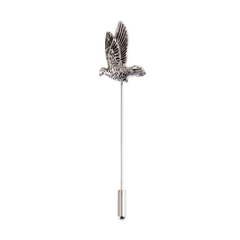 Dalaco rhodium plated game bird lapel pin featuring detailed bird design on a sleek metal surface.