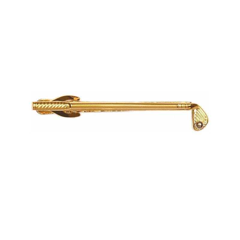 Dalaco gold plated golf club and ball tie clip, a stylish men's accessory, featuring detailed golf-themed design on a tie bar.
