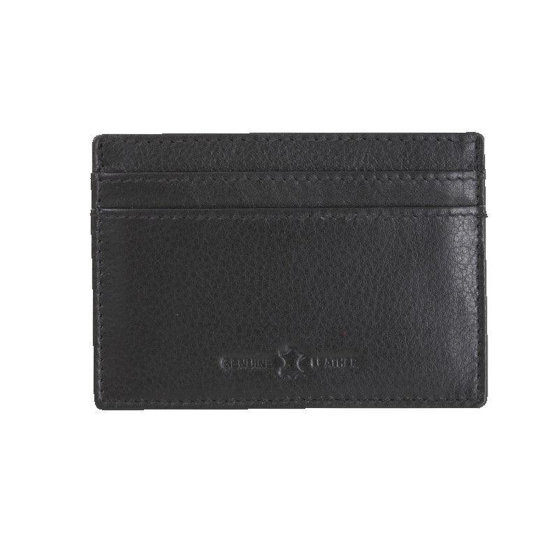 Black leather credit card holder by David Aster with RFID lining, compact design, and multiple card slots for secure storage.