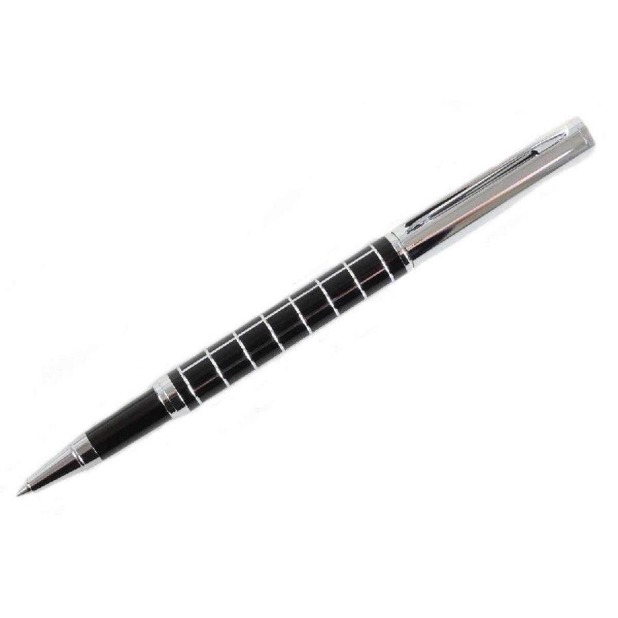 David Aster black and chrome checker roller ball pen with sleek design and glossy finish, suitable for professional writing.