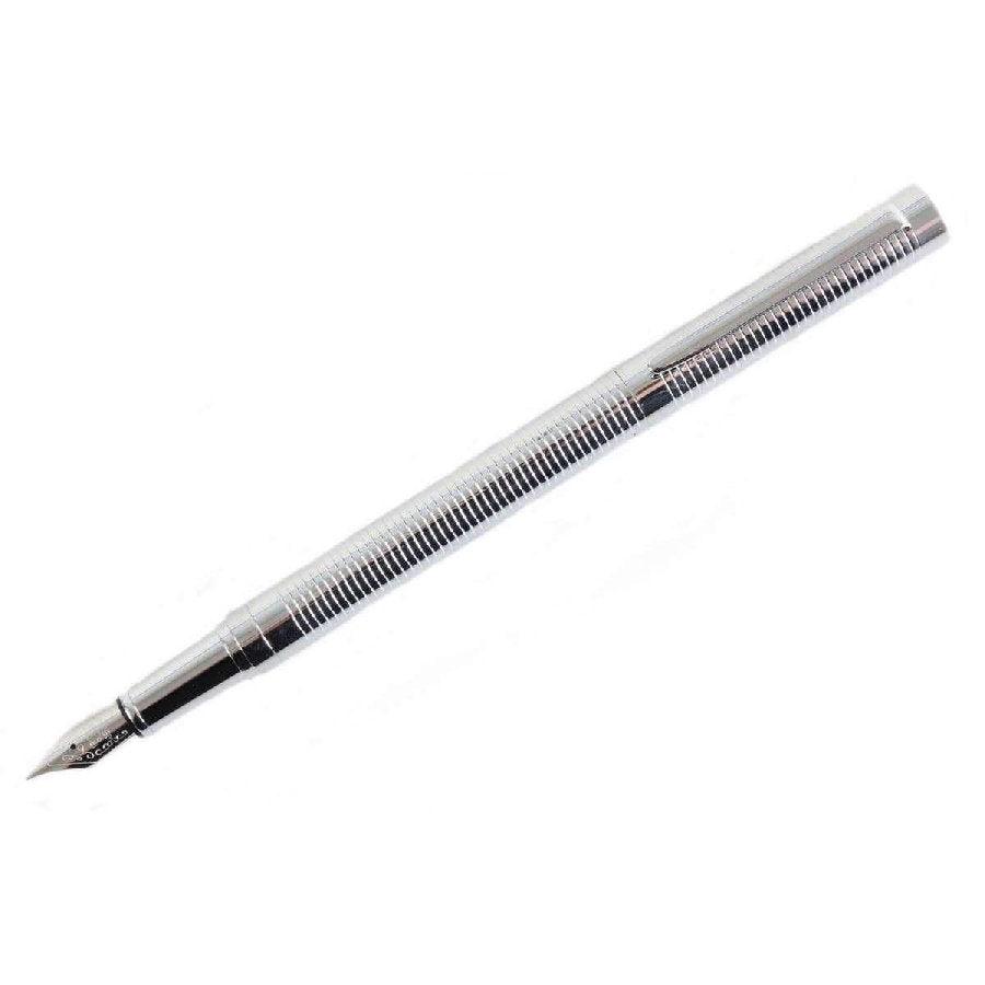 David Aster chrome ribbed fountain pen with silver finish and textured grip, showcasing its elegant design and pen tip.