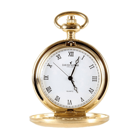 David Aster gold brushed quartz full hunter pocket watch with classic design and open-face display.