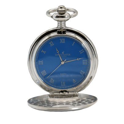 Silver and blue face quartz half hunter pocket watch by Davis Aster featuring classic design and intricate detailing.