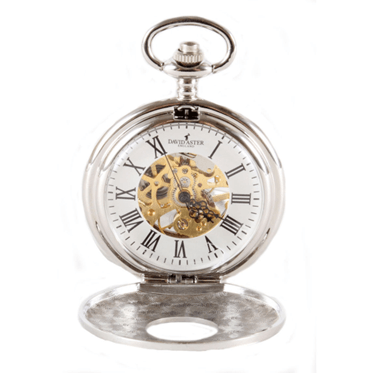 Silver patterned quartz half hunter pocket watch by Davis Aster with intricate design and classic chain attachment.