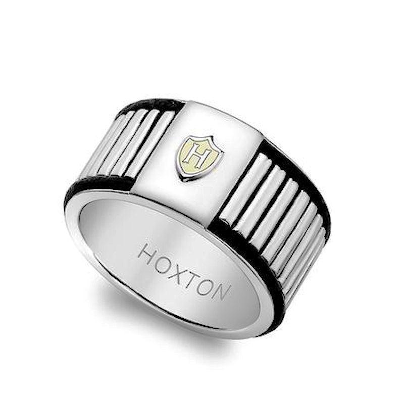 Hoxton silver men's ring featuring a shield emblem design, showcasing a sleek and polished silver band with detailed emblem engraving.