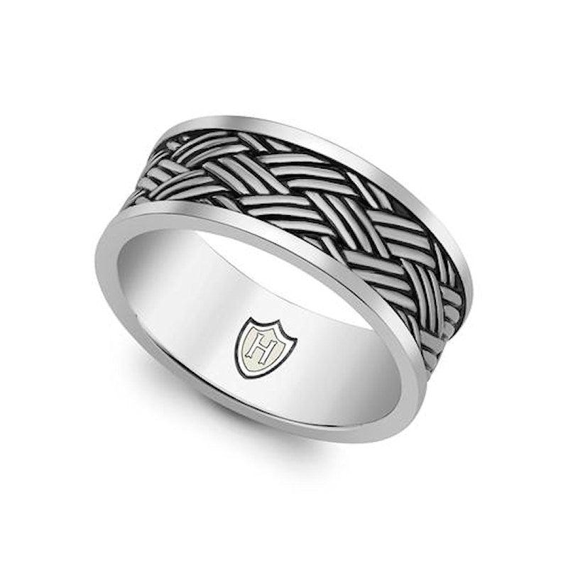 Hoxton men's sterling silver ring with a distinctive woven design, showcasing intricate craftsmanship and modern style.
