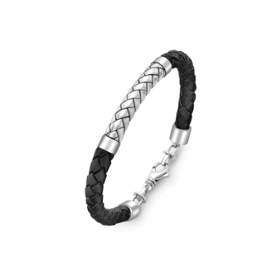 Hoxton London men's sterling silver herringbone bracelet with black leather strap, featuring sleek silver links and textured pattern.