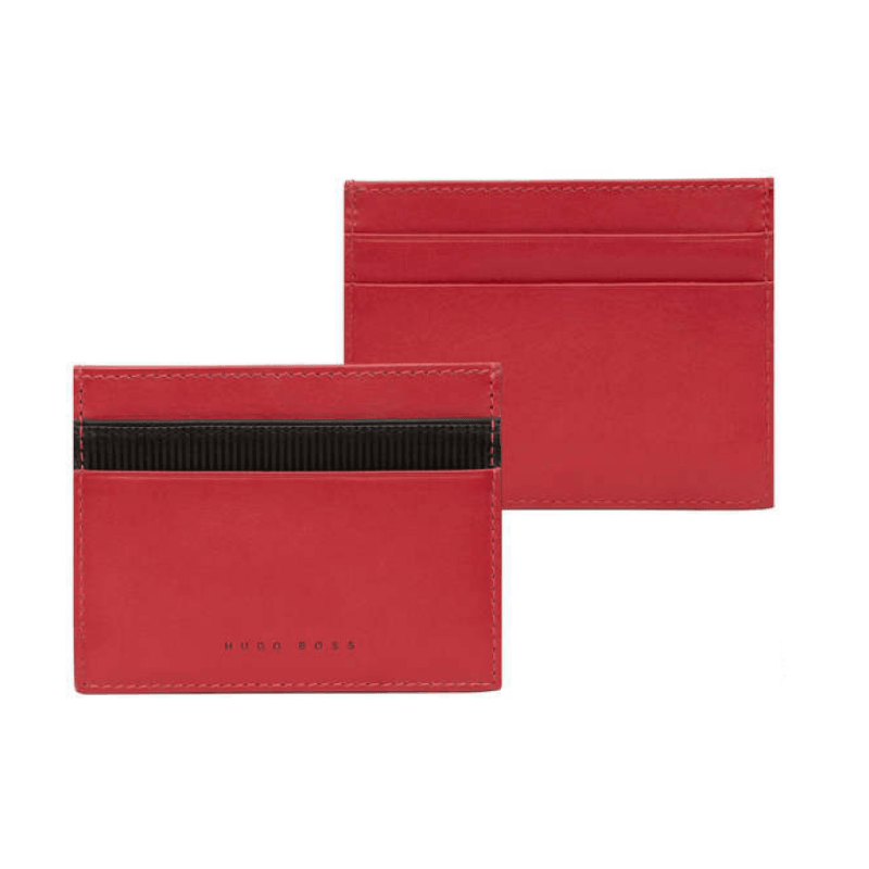 Red HUGO BOSS Matrix leather card holder with multiple card slots, sleek and compact design for everyday use.