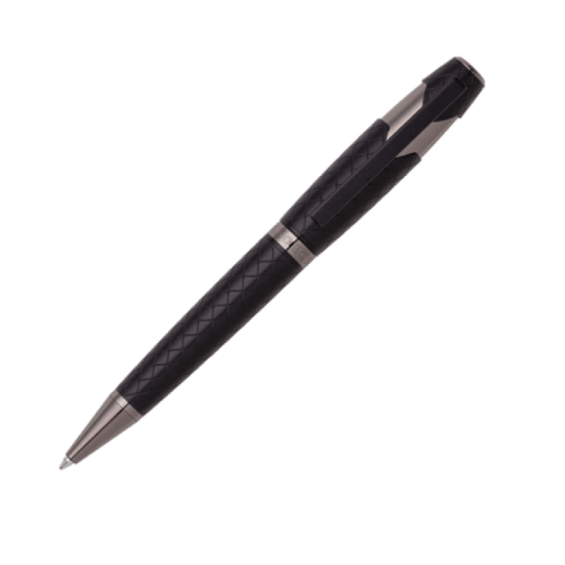 Hugo Boss Chevron black ballpoint pen with sleek design and silver accents, ideal for professional writing and everyday use.