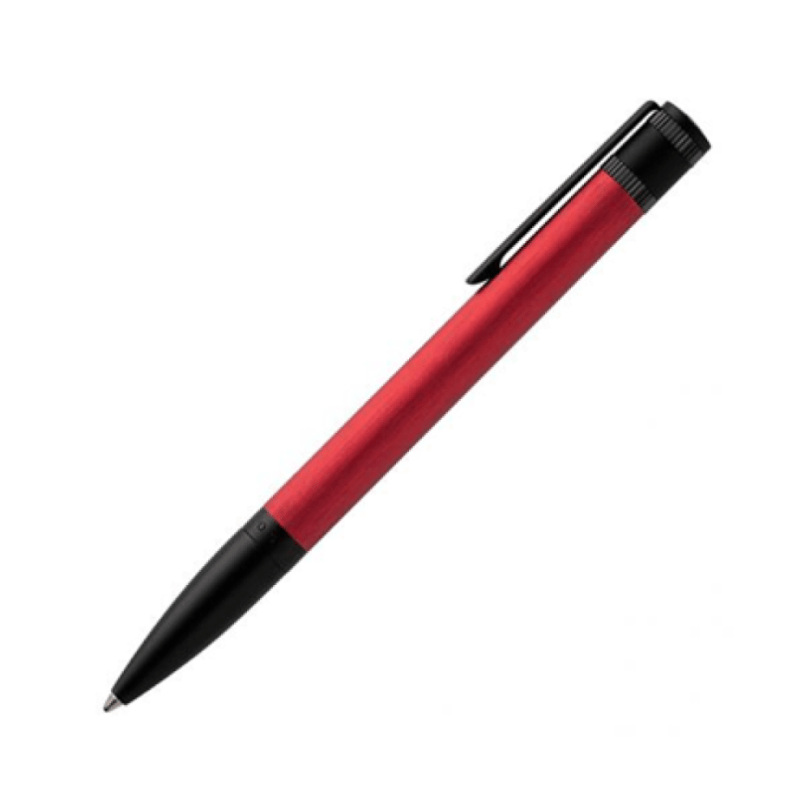 Hugo Boss Explore ballpoint pen with brushed red finish, sleek design, and branded clip for stylish writing.